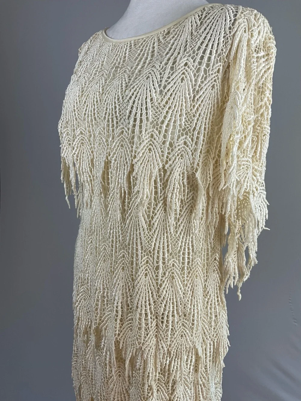 SAMAX Cream Crochet Fringe Mini Dress Lined Boho Coastal Resort Festival - Picture 6 of 16
